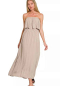 Zenana Strapless Maxi Dress Ruffle Ash Mocha Woven Crinkle