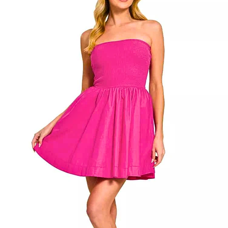 Zenana Strapless Mini Dress Hot Pink Knit Tube Top Flare Casual Cotton Ruffle