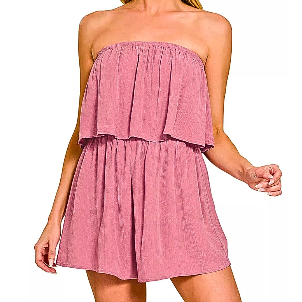 Zenana Strapless Romper Ruffled Rose Pink Woven Lightweight Casual Short One-Piece