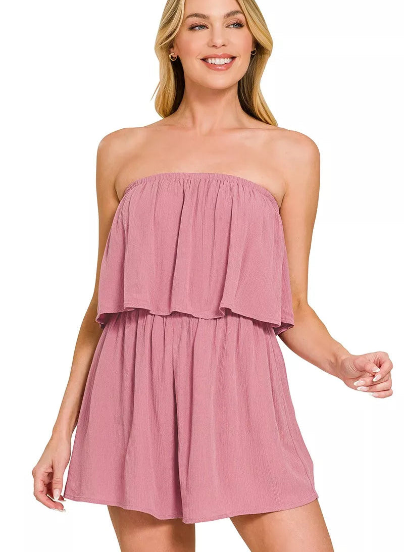 Zenana Strapless Romper Women Rose Pink Woven Crinkle One-Piece Casual Outfit - Styleinger