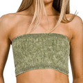 Zenana Strapless Tube Top Olive Green Washed Ribbed Seamless Bra Crop Blouse