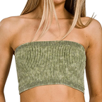 Zenana Strapless Tube Top Olive Green Washed Ribbed Seamless Bra Crop Blouse