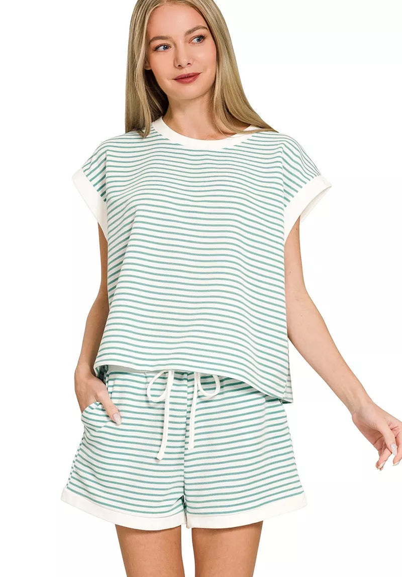 Zenana Stripe Contrast Trim Top & Shorts Set