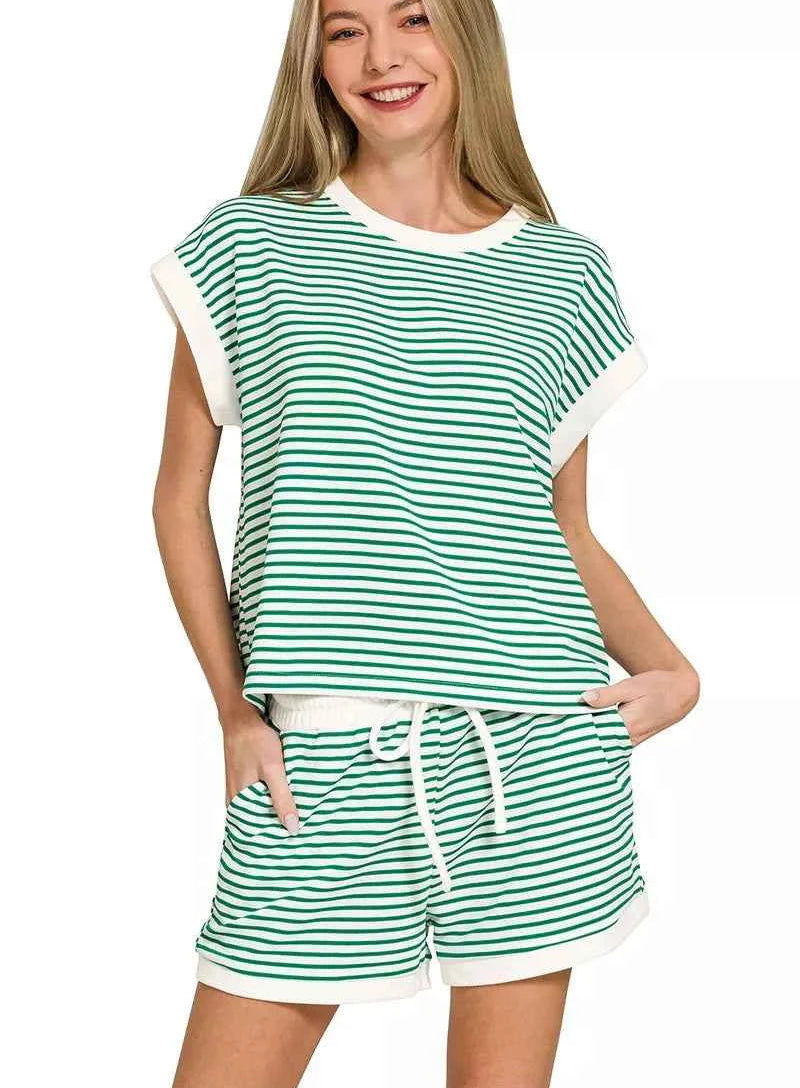 Zenana Stripe Contrast Trim Top & Shorts Set
