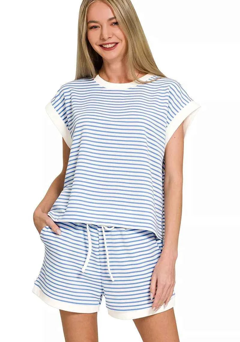 Zenana Stripe Contrast Trim Top & Shorts Set Women’s Casual Two‑Piece Outfit Set
