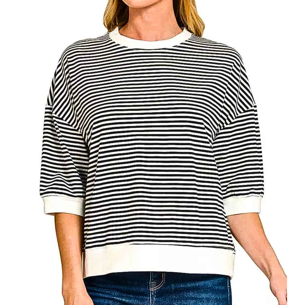 Zenana Striped Casual T-shirt Black Round Neck White Contrast Trim Short Sleeve Top