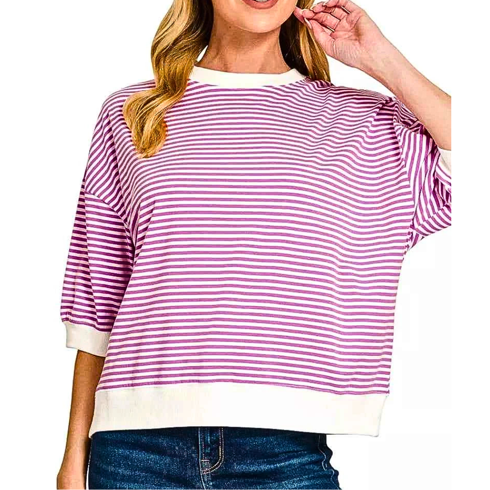 Zenana Striped Casual T-shirt Mauve Round Neck White Contrast Trim Short Sleeve