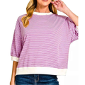 Zenana Striped Casual T-shirt Mauve Round Neck White Contrast Trim Short Sleeve