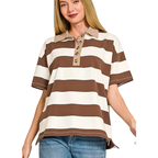 Zenana Striped Collared Polo Shirt Cotton Casual Brown Short Sleeve Top