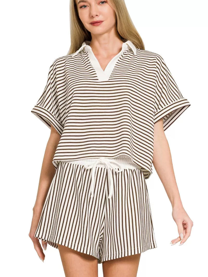 Zenana Striped Collared Top & Shorts Set