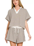Zenana Striped Collared Top & Shorts Set