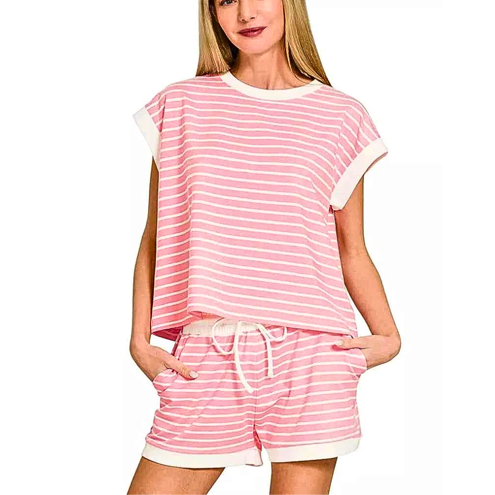 Zenana Striped Outfit Set Cotton Short Sleeve Top & Shorts Pink White Trim 2 Pcs