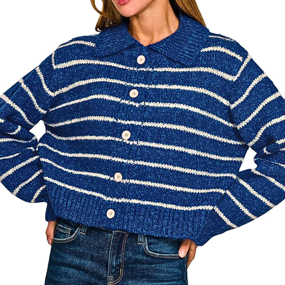 Zenana Striped Oversized Knit Sweater Cardigan Light Navy Blue Long Sleeve Button-up