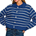 Zenana Striped Oversized Knit Sweater Cardigan Light Navy Blue Long Sleeve Button-up