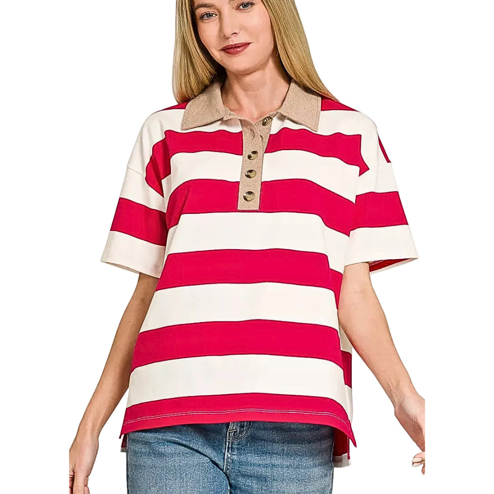 Zenana Striped Polo Shirt Cotton Casual Contrast Button Red Short Sleeve Top
