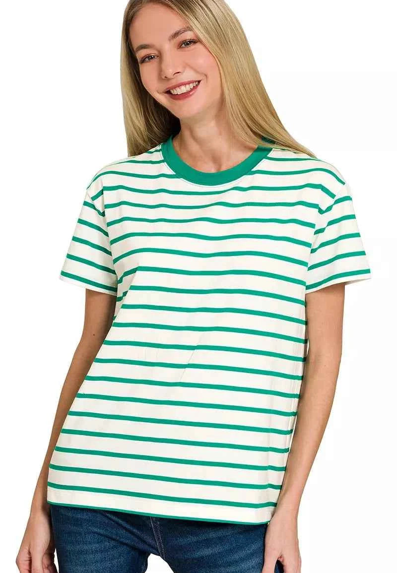 Zenana Striped Round Neck Short Sleeve T‑Shirt Women Casual Summer Top