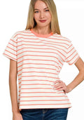 Zenana Striped Round Neck Short Sleeve T‑Shirt Women’s Casual Knit Top Tee