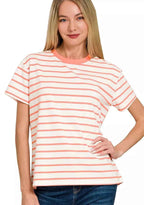 Zenana Striped Round Neck Short Sleeve T‑Shirt Women’s Casual Knit Top Tee