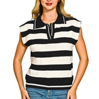 Zenana Striped Sweater Vest Black Ivory Polo Collar Short Sleeve Lightweight Knit Top