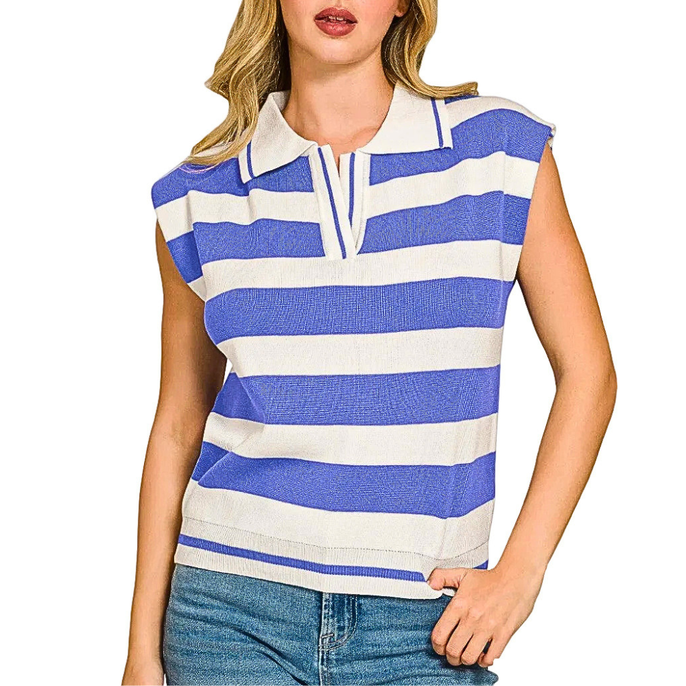 Zenana Striped Sweater Vest Viscose Lightweight Knit Polo Collar Sleeveless Top