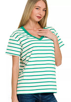 Zenana Striped V-Neck Short Sleeve T-Shirt