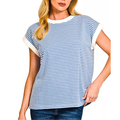 Zenana Striped T-Shirt Cotton Light Blue Round Neck White Trim Short Sleeve Casual Top