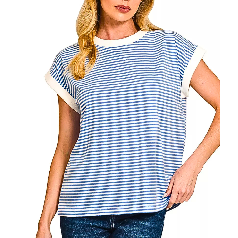 Zenana Striped T-Shirt Cotton Light Blue Round Neck White Trim Short Sleeve Casual Top