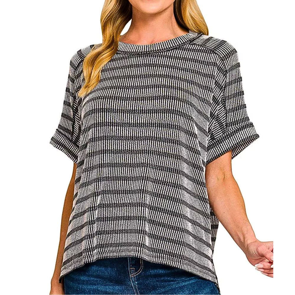 Zenana Striped T-shirt Black Raised Rib Casual Round Neck Short Sleeve Loose Top