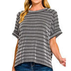 Zenana Striped T-shirt Black Raised Rib Casual Round Neck Short Sleeve Loose Top