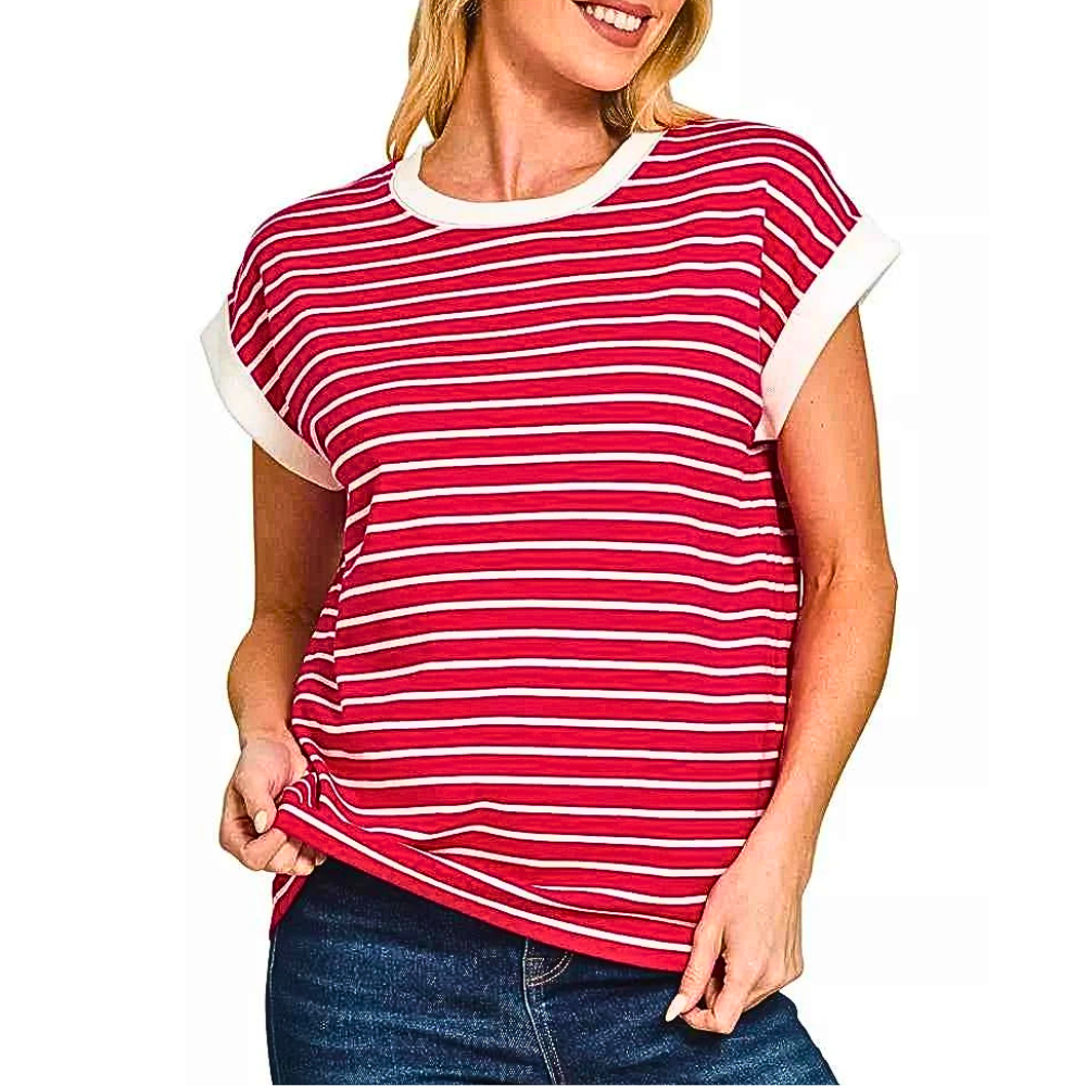 Zenana Striped T-shirt Cotton Ruby Red White Trim Cap Short Sleeve Top Tee