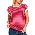 Zenana Striped T-shirt Cotton Ruby Red White Trim Cap Short Sleeve Top Tee