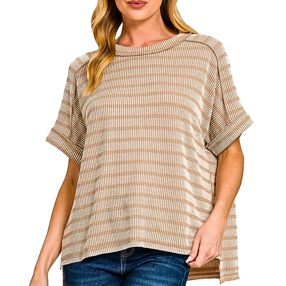 Zenana Striped T-shirt Loose Fit Ash Mocha Raised Rib Short Sleeve Casual Top Blouse
