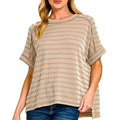 Zenana Striped T-shirt Loose Fit Ash Mocha Raised Rib Short Sleeve Casual Top Blouse