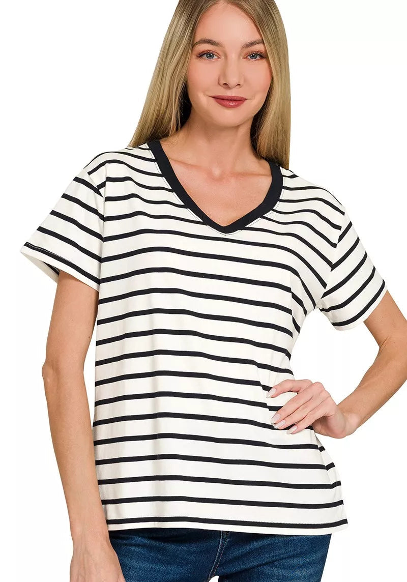 Zenana Striped V-Neck Short Sleeve T-Shirt – Women’s Casual Knit Tee