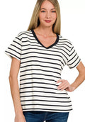 Zenana Striped V-Neck Short Sleeve T-Shirt – Women’s Casual Knit Tee