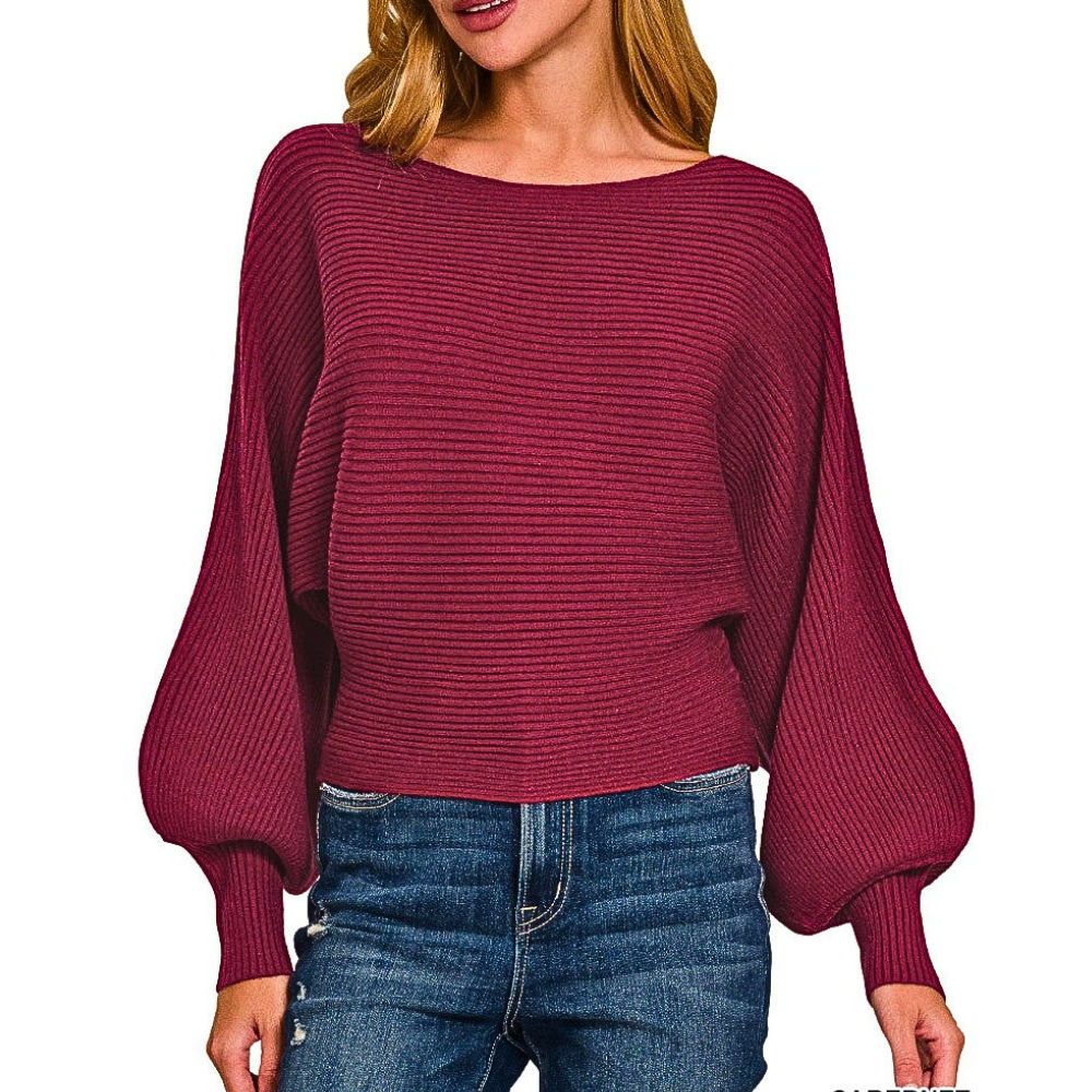 Zenana Sweater Ballon Long Sleeve Lightweight Knit Boat Neck Casual Loose Pullover
