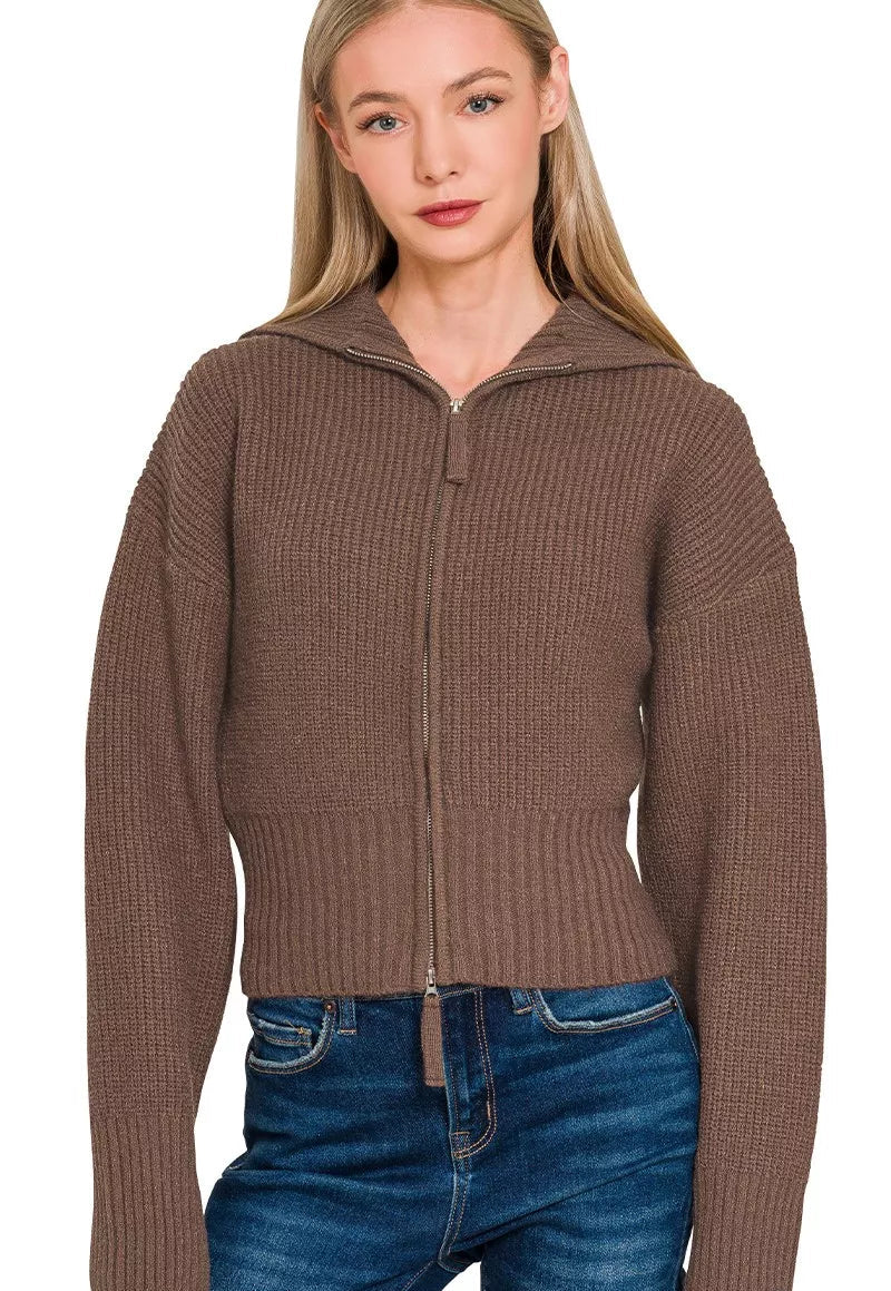 Zenana Sweater Cardigan Brown Womens Ribbed Collared Zip Up BROWN Zenana_Sweater_Cardigan_Brown_Womens_Ribbed_Collared_Zip_Up Trendsi