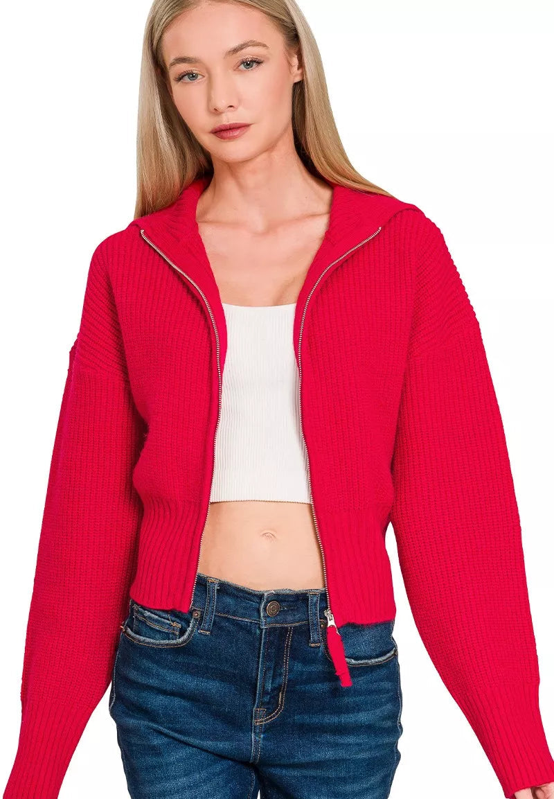Zenana Sweater Cardigan Ruby Red Ribbed Collared Zip Up RUBY Zenana_Sweater_Cardigan_Ruby_Red_Ribbed_Collared_Zip_Up Trendsi