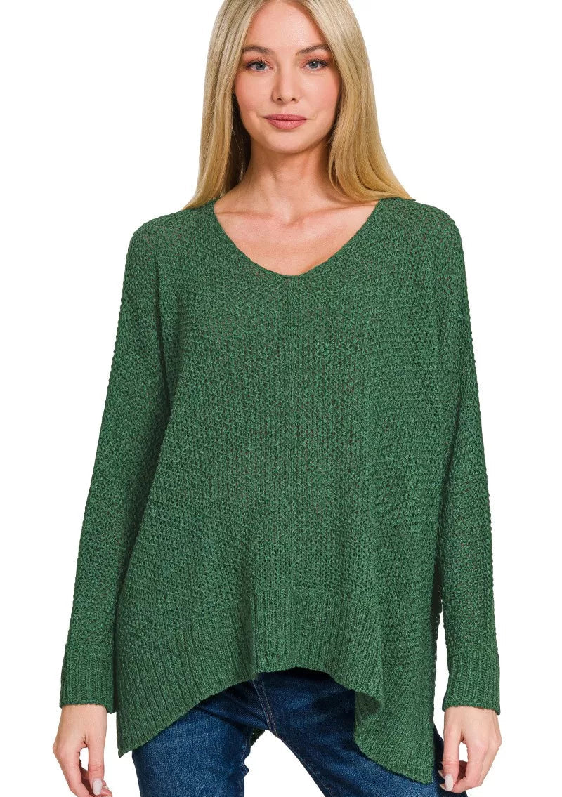 Zenana Sweater Dark Green Dolman Sleeve V-Neck Knit Pullover
