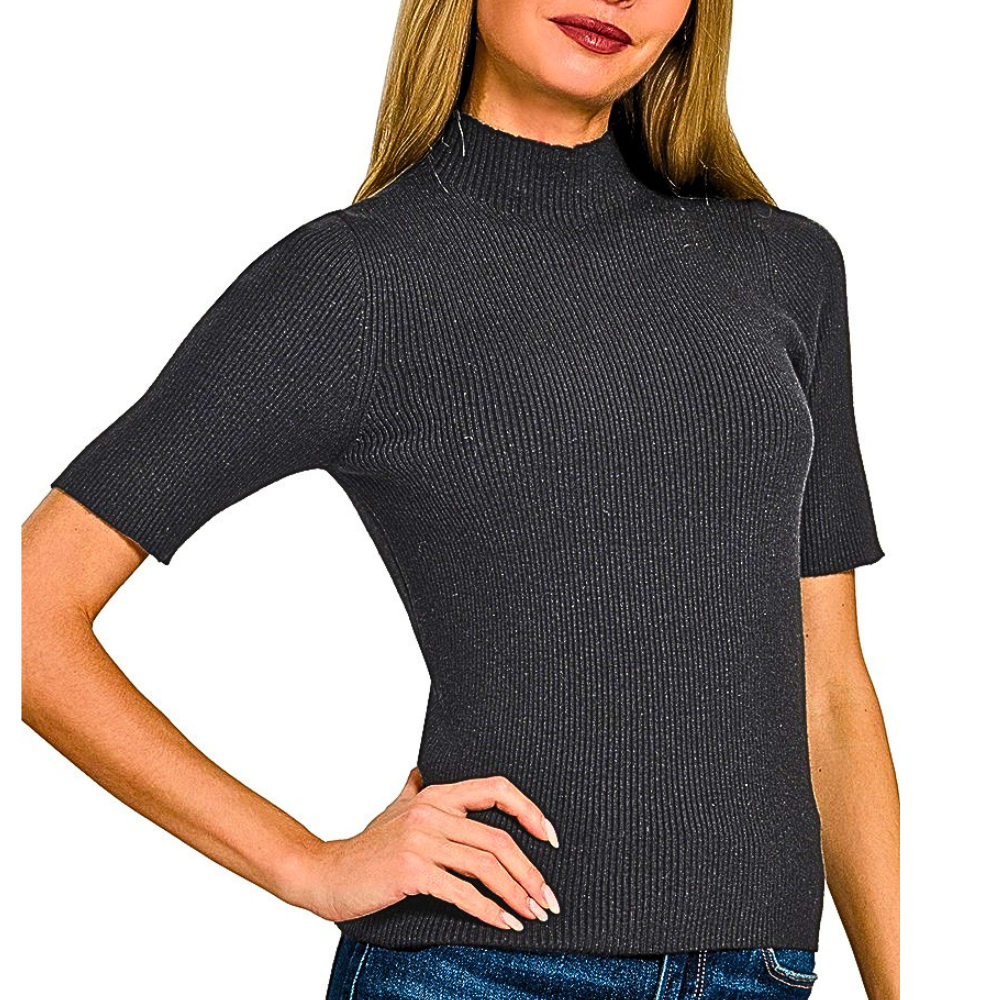 Zenana Sweater Top Mock Neck Black Ribbed Lightweight Knit Short Sleeve Slim