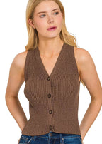 Zenana Sweater Vest Brown V Neck Buttoned Ribbed Sleeveless Knit Top BROWN Zenana_Sweater_Vest_Brown_V_Neck_Buttoned_Ribbed_Sleeveless_Knit_Top Trendsi