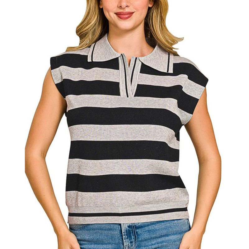 Zenana Sweater Vest Polo Collar Black Gray Striped Viscose Lightweight Knit Top
