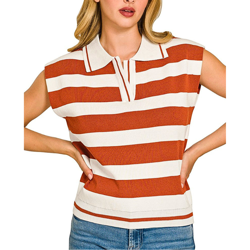 Zenana Sweater Vest Polo Collar Rust Ivory Striped Viscose Lightweight Knit Top