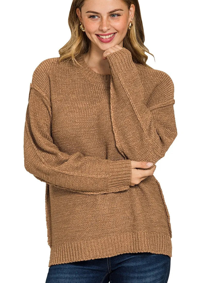 Zenana Sweater Women’s Oversized Camel Exposed Seam Round Neck Knit Pullover Top - Styleinger