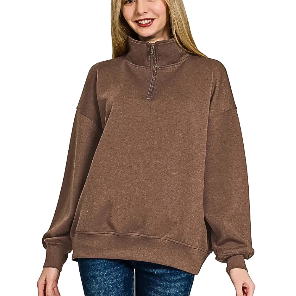 Zenana Sweatshirt Brown Scuba 1/2 Zip High Neck Collared Long Sleeve Top