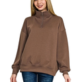 Zenana Sweatshirt Brown Scuba 1/2 Zip High Neck Collared Long Sleeve Top