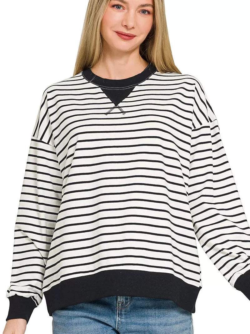 Zenana Contrast Striped Round Neck Sweatshirt