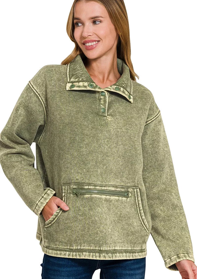 Zenana Sweatshirt Fleece Womens Olive Washed High Neck Kangaroo Pocket LT OLIVE Zenana_Sweatshirt_Fleece_Womens_Olive_Washed_High_Neck_Kangaroo_Pocket Trendsi