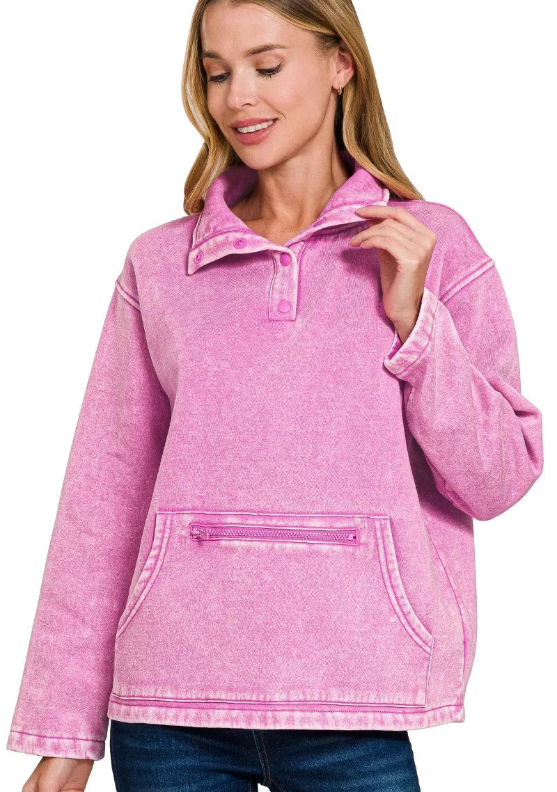 Zenana Sweatshirt Mauve Fleece Washed High Neck Kangaroo Pocket MAUVE Zenana_Sweatshirt_Mauve_Fleece_Washed_High_Neck_Kangaroo_Pocket Trendsi