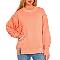 Zenana Sweatshirt Oversized Coral Pigment-Dyed Side Slit Long Sleeve Pullover Top